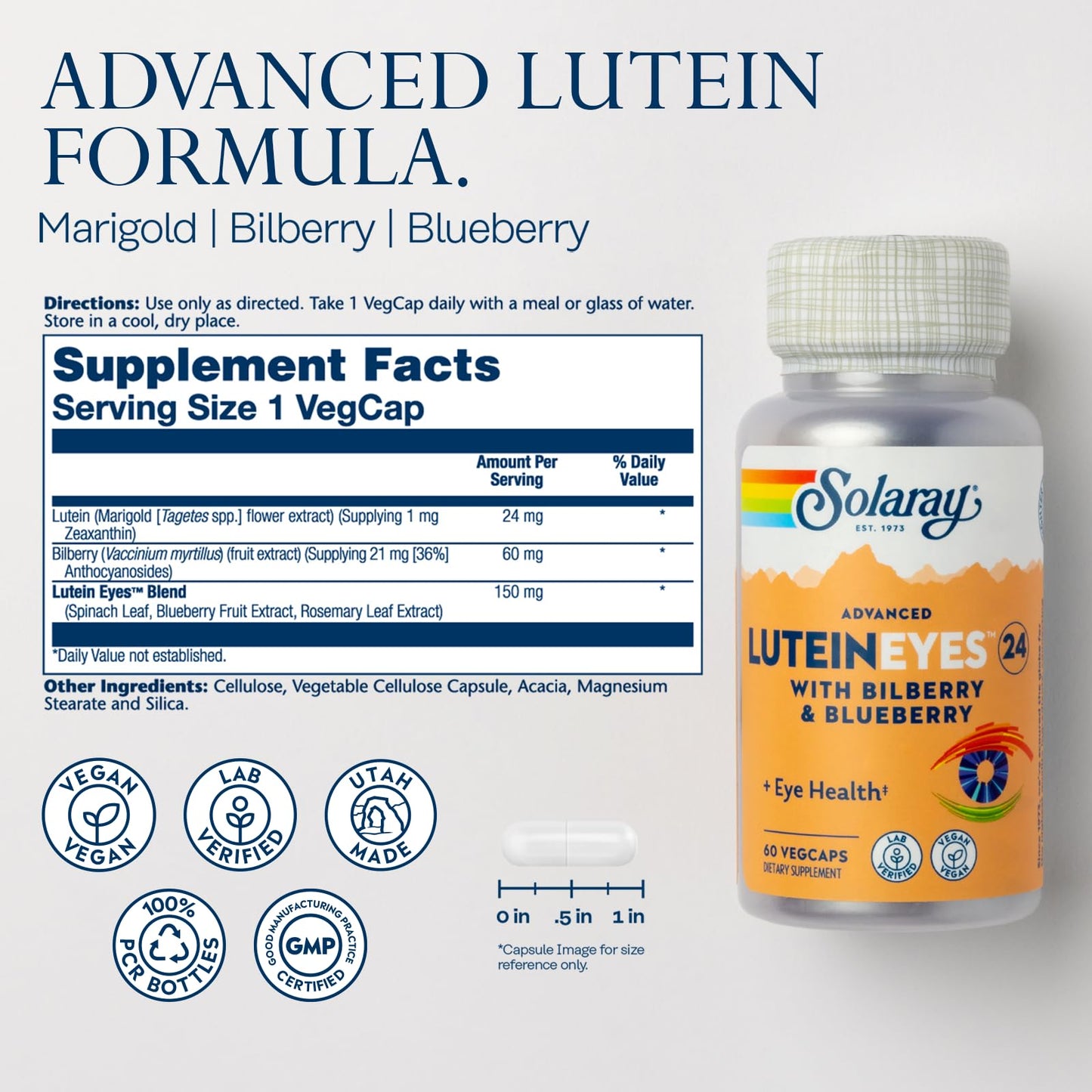 SOLARAY Advanced Lutein Eyes 24 mg – Eye Health Support with Lutein & Zeaxanthin, Bilberry & Blueberry, Vegan, 60 VegCaps