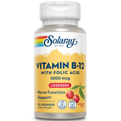 SOLARAY Vitamin B-12 1000mcg Lozenges with Folic Acid – Cherry Flavor | 90 Count