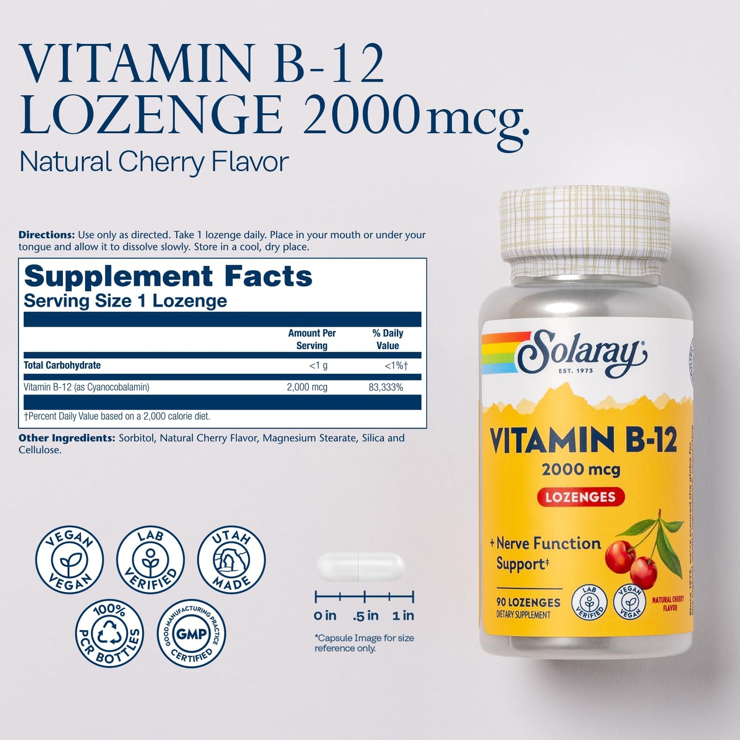 SOLARAY Vitamin B12 2000 mcg Lozenges – No Sugar, Natural Cherry Flavor – Vegan, Lab Verified | 90 Servings