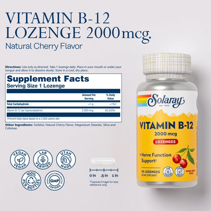 SOLARAY Vitamin B12 2000 mcg Lozenges – No Sugar, Natural Cherry Flavor – Vegan, Lab Verified | 90 Servings
