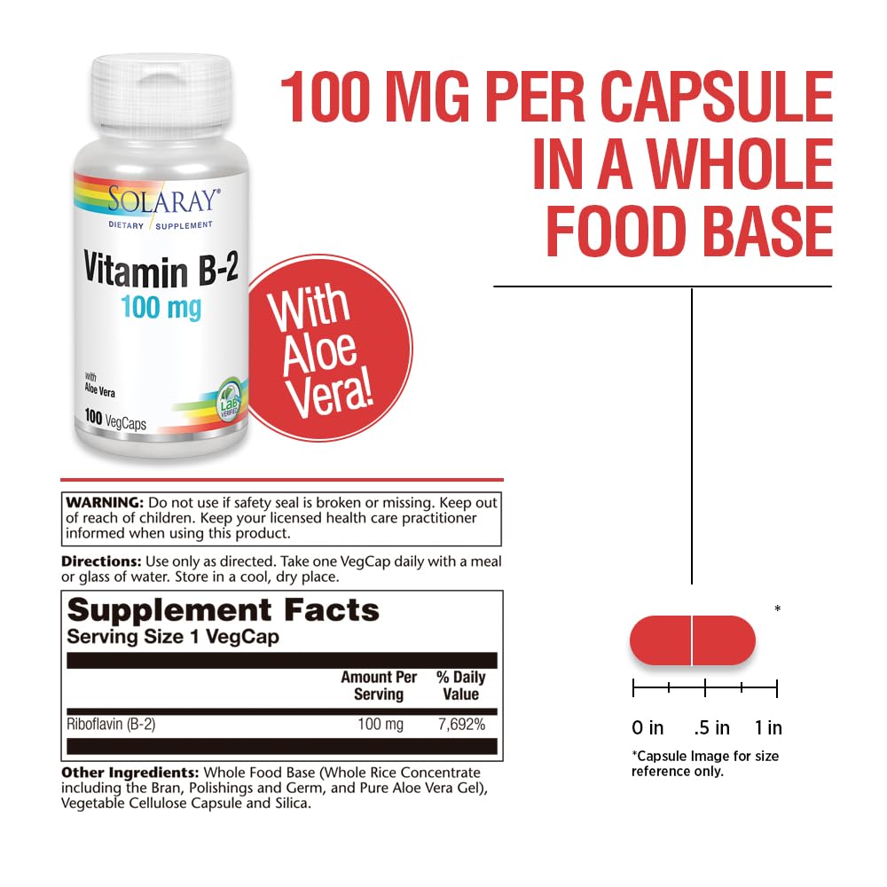 SOLARAY Vitamin B-2 Riboflavin 100 mg with Aloe Vera | Energy, Skin & Nails