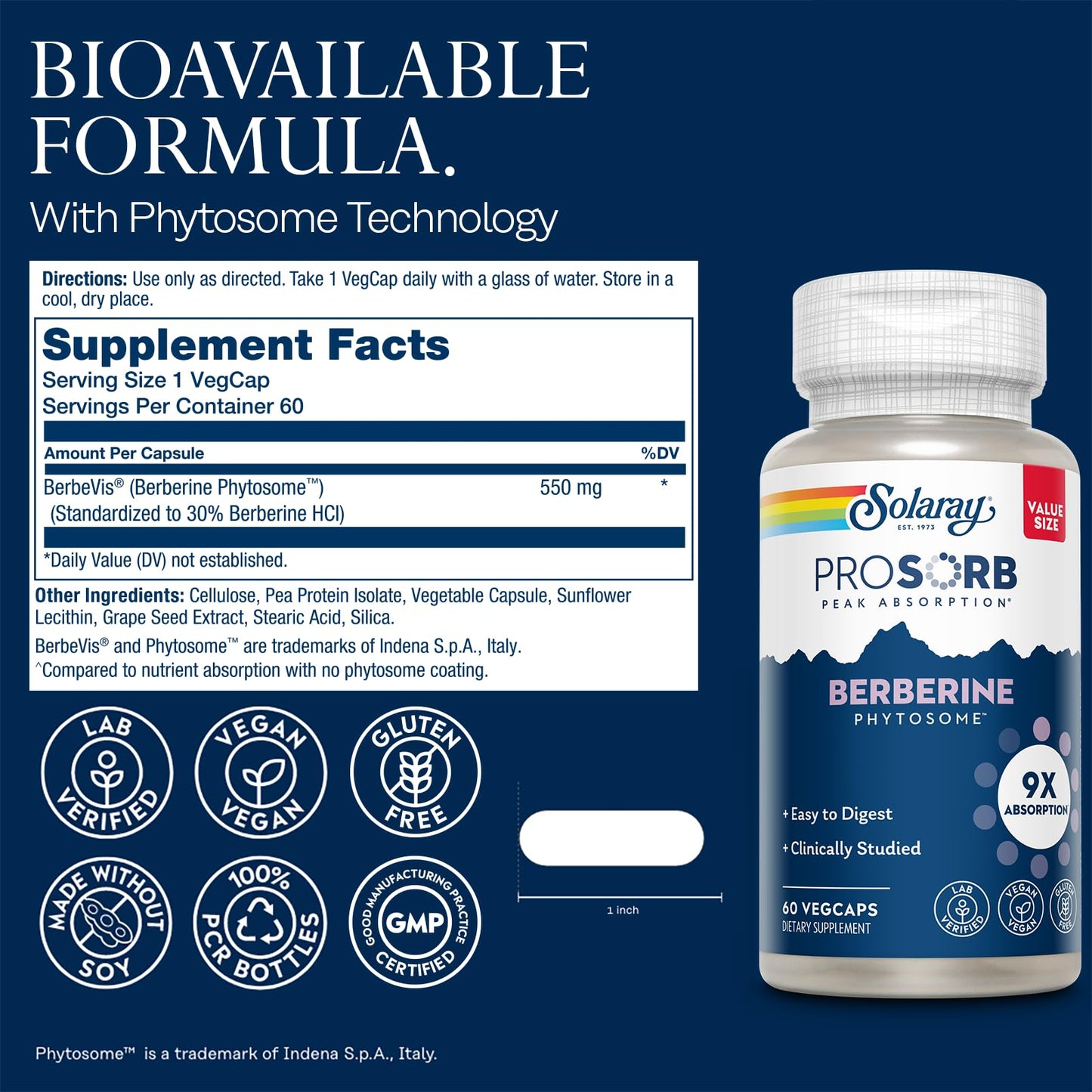 SOLARAY Berberine Phytosome – 9X Absorption, Easy to Digest, 30% Berberine HCl | Vegan, Soy-Free | 60 Servings, 60 VegCaps