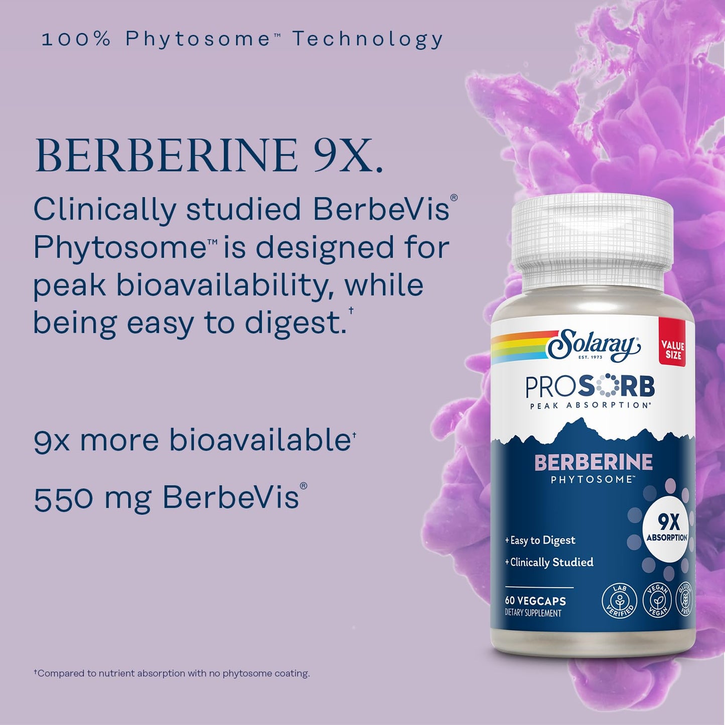 SOLARAY Berberine Phytosome – 9X Absorption, Easy to Digest, 30% Berberine HCl | Vegan, Soy-Free | 60 Servings, 60 VegCaps