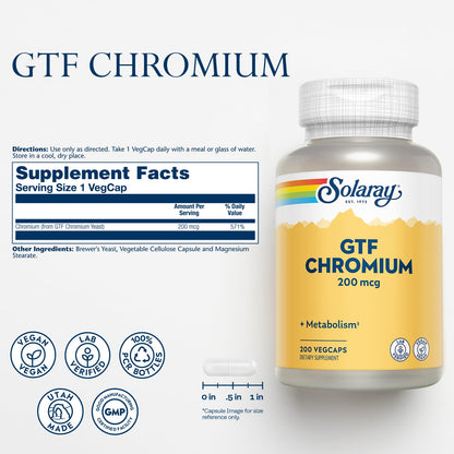 Solaray GTF Chromium 200mcg – Pure Chromium GTF Supplement (200 Vegan Capsules)