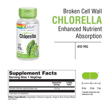 SOLARAY Broken Cell Chlorella 410 mg – 100 VegCaps | Non-GMO Superfood