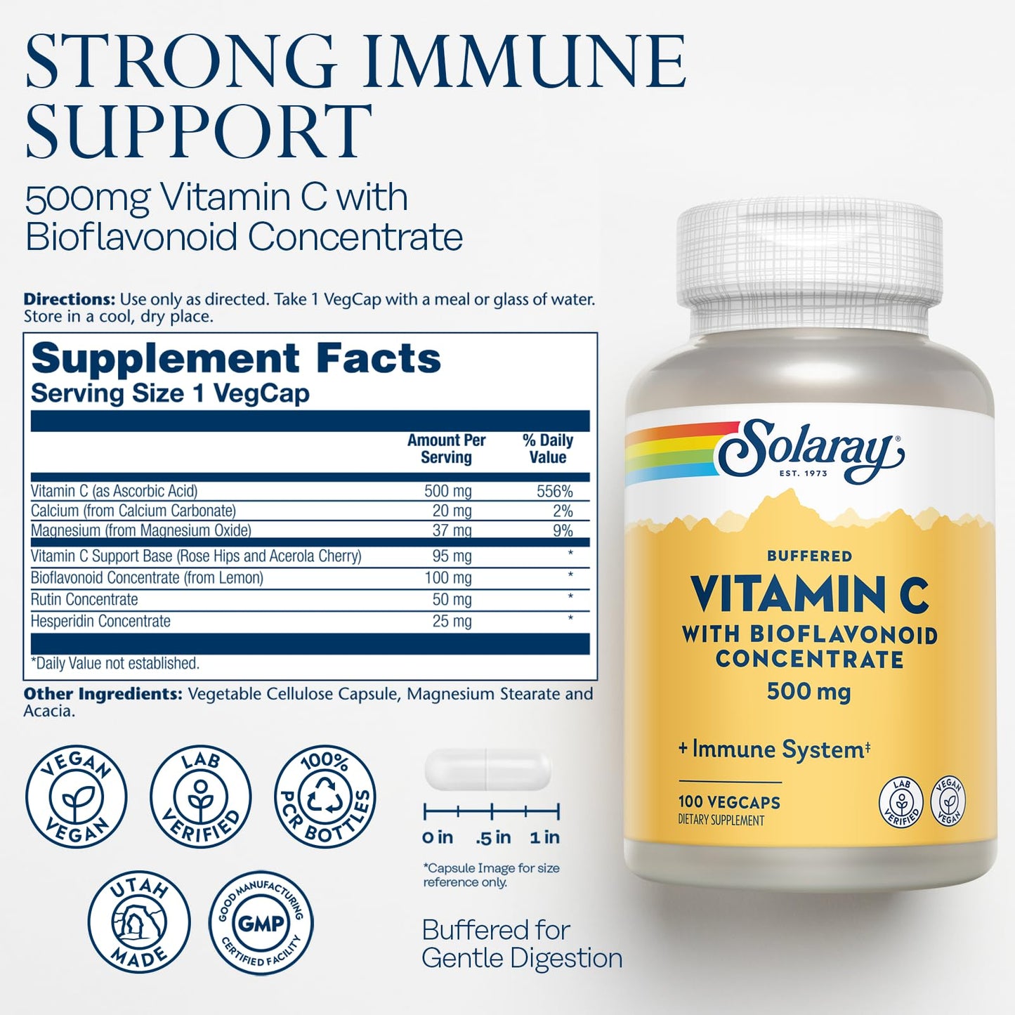 SOLARAY Buffered Vitamin C 500mg with Bioflavonoids – Immune Support | 100 Servings, 100 VegCaps, Vegan