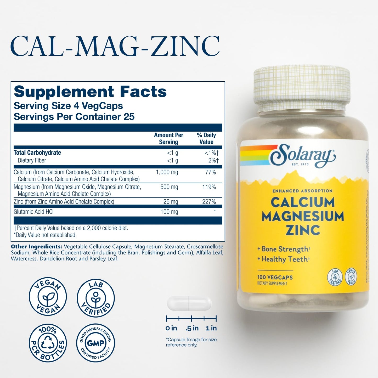 SOLARAY Calcium Magnesium Zinc Supplement - 1000mg Calcium, 500mg Magnesium | Vegan