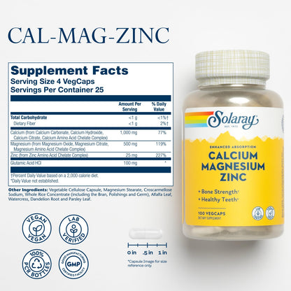 SOLARAY Calcium Magnesium Zinc Supplement - 1000mg Calcium, 500mg Magnesium | Vegan