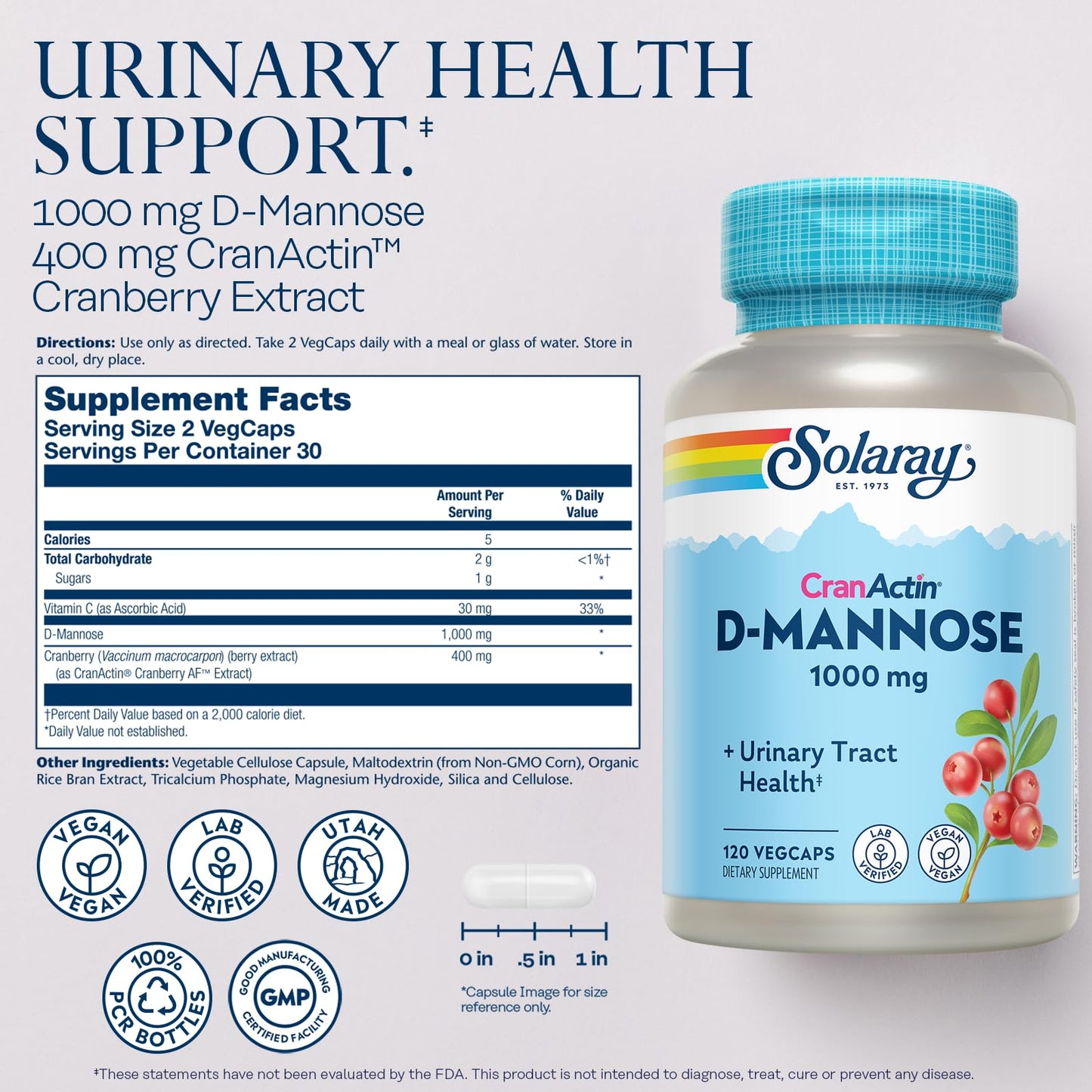 SOLARAY D-Mannose 1000mg with CranActin Cranberry Extract - Vegan Urinary Tract Support + Vitamin C