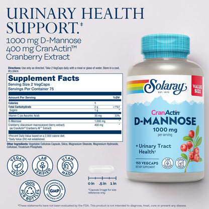 Solaray D-Mannose 1000mg with CranActin Cranberry – Urinary Health Support, Vegan, 150 VegCaps