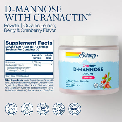SOLARAY D-Mannose + CranActin Cranberry AF Extract Powder – 2000 mg per Serving, 30 Servings, 8 oz