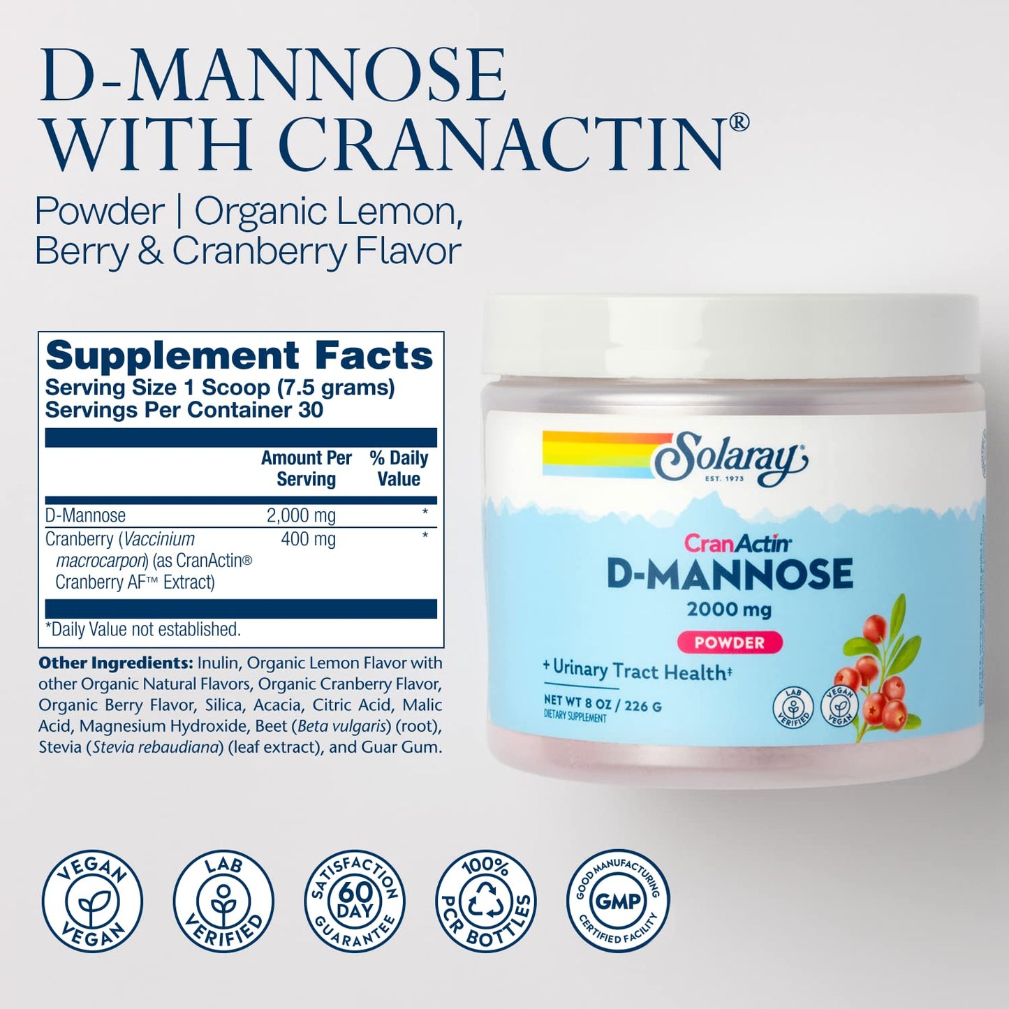 SOLARAY D-Mannose + CranActin Cranberry AF Extract Powder – 2000 mg per Serving, 30 Servings, 8 oz