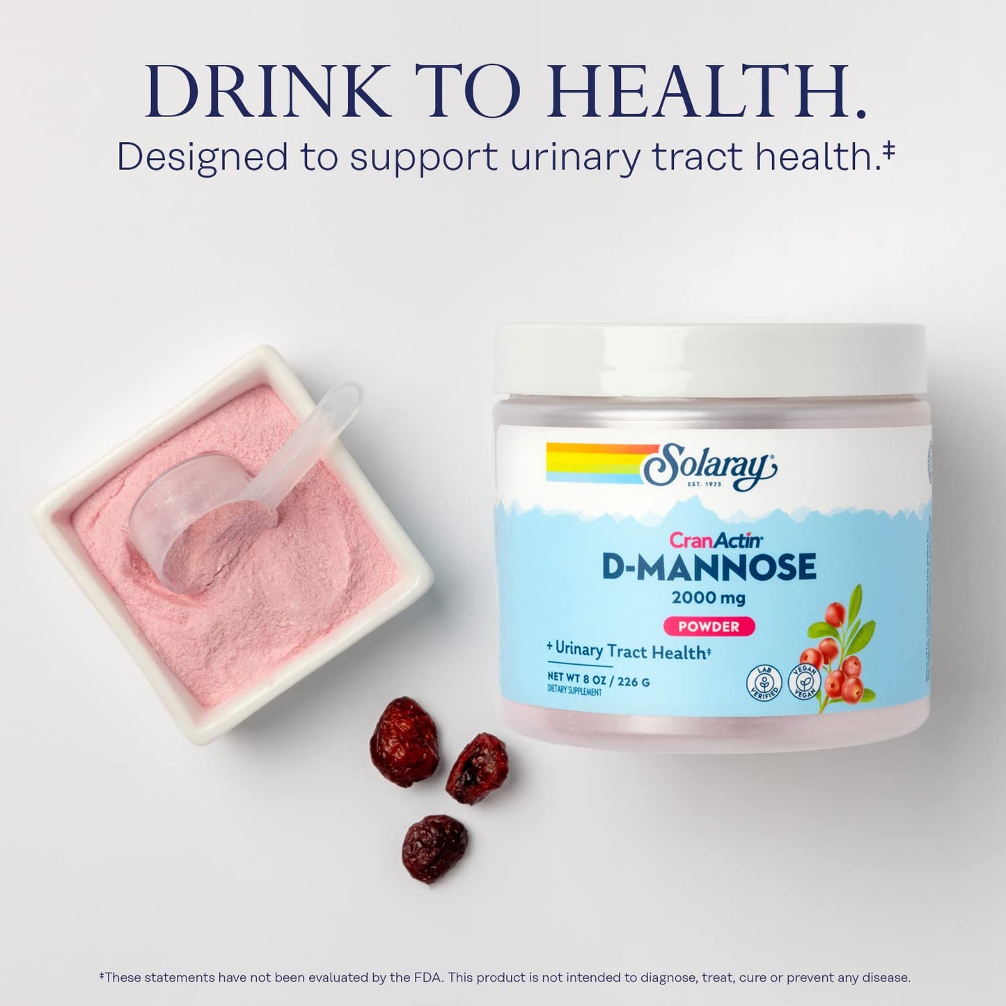 SOLARAY D-Mannose + CranActin Cranberry AF Extract Powder – 2000 mg per Serving, 30 Servings, 8 oz