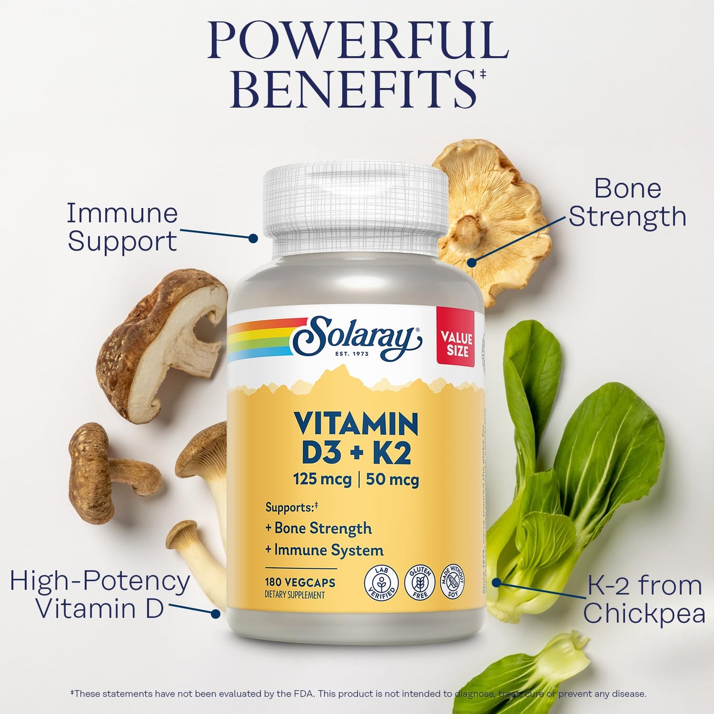 SOLARAY Vitamin D3 K2 5000 IU/50 mcg MK-7 – Bone & Immune Support (Soy-Free, 180 VegCaps)