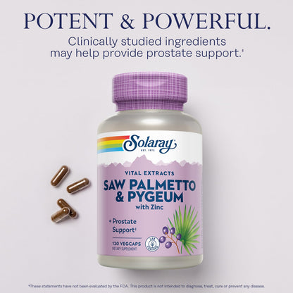 SOLARAY Saw Palmetto & Pygeum – Prostate Health Support for Men | Zinc, Pumpkin Seeds, Vitamin B6 | Vegan & Gluten Free | 30 Servings