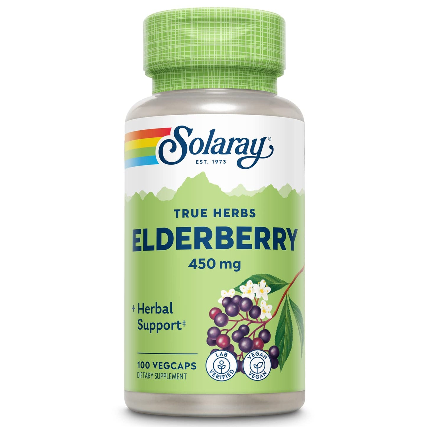 SOLARAY Elderberry Capsules 450mg - Herbal Wellness Support | Vegan, Non-GMO, Gluten Free | 60-Day Guarantee | 100 Servings