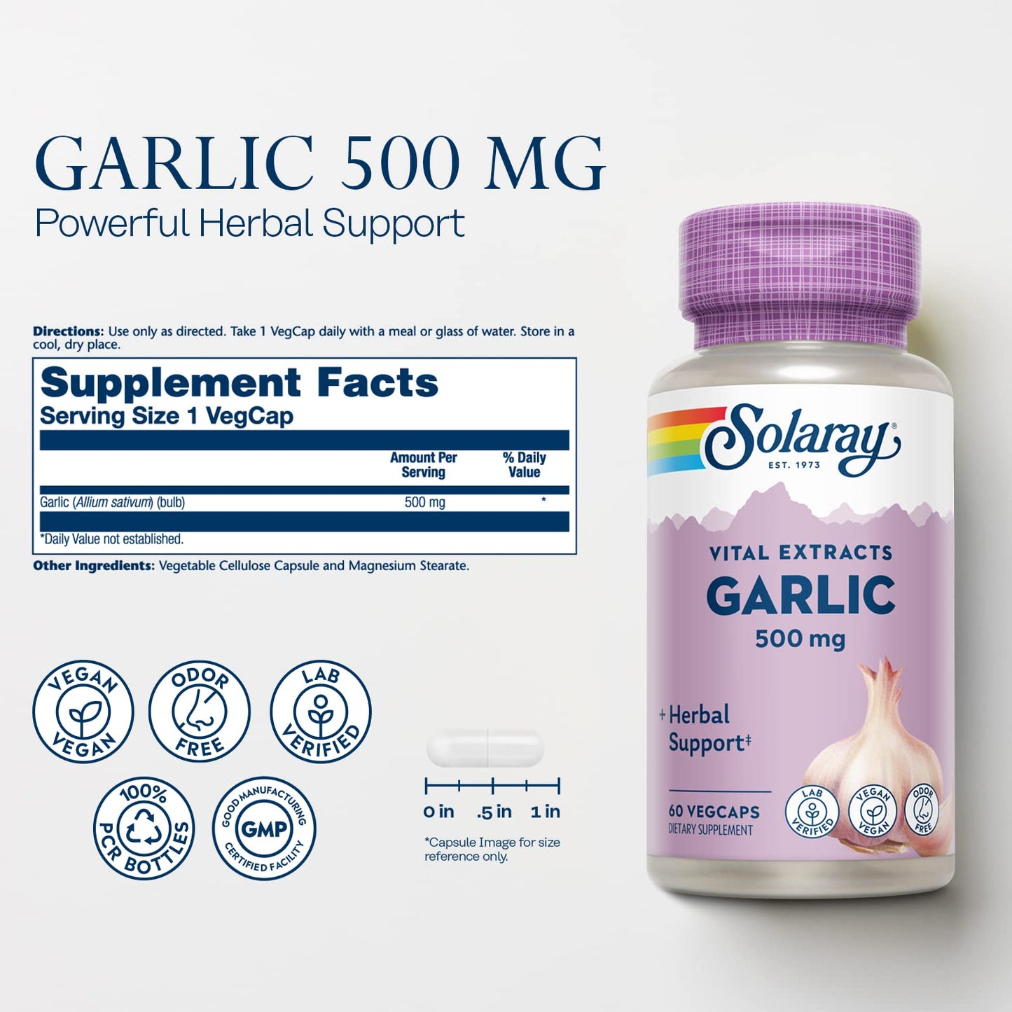 Solaray Garlic 500mg – Odorless Enteric VegCaps for Heart Health & Immunity