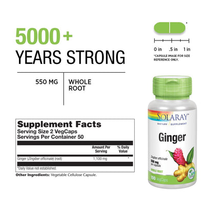 SOLARAY Ginger Root 1100mg | Healthy Digestion, Joints & Motion Support | Whole Root, Non-GMO & Vegan | 100 VegCaps