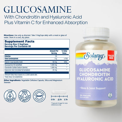 SOLARAY Glucosamine Chondroitin Hyaluronic Acid Joint Support with Vitamin C | Lab Verified, 60-Serving, 180 VegCaps