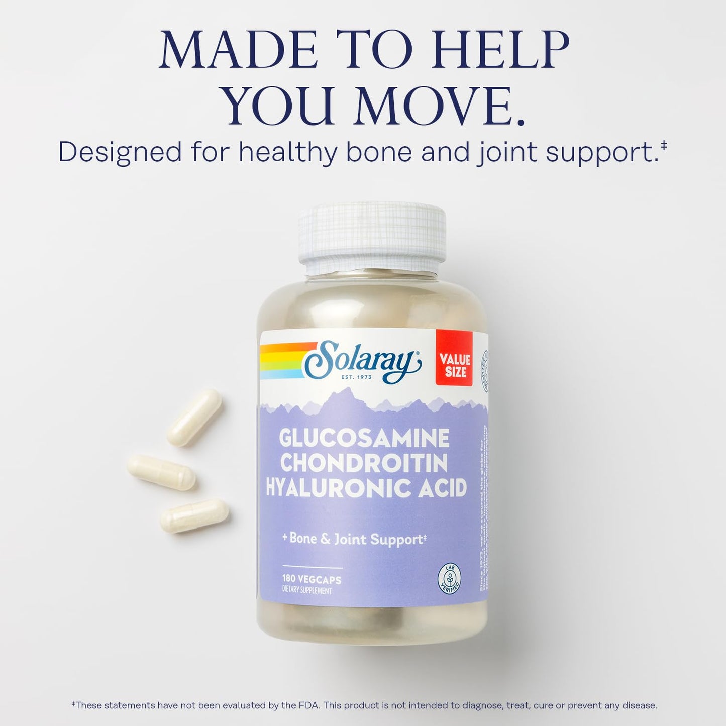 SOLARAY Glucosamine Chondroitin Hyaluronic Acid Joint Support with Vitamin C | Lab Verified, 60-Serving, 180 VegCaps