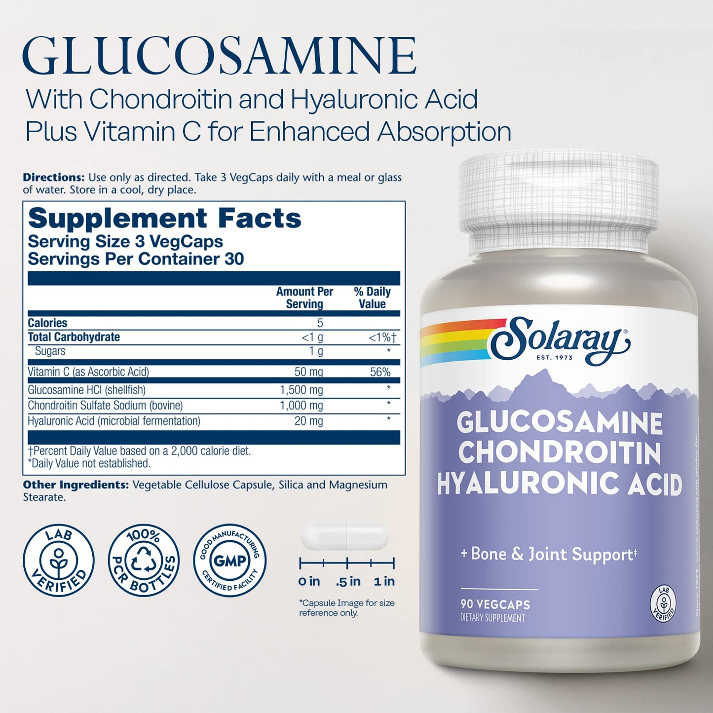 SOLARAY Glucosamine Chondroitin Hyaluronic Acid 1500/1000/20mg – 90 Capsules