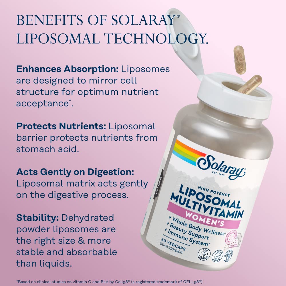 SOLARAY Liposomal Multivitamin for Women | Enhanced Absorption, Iron, Vitamin D, C, B12, Biotin, CoQ10 — Vegan, 60 Servings
