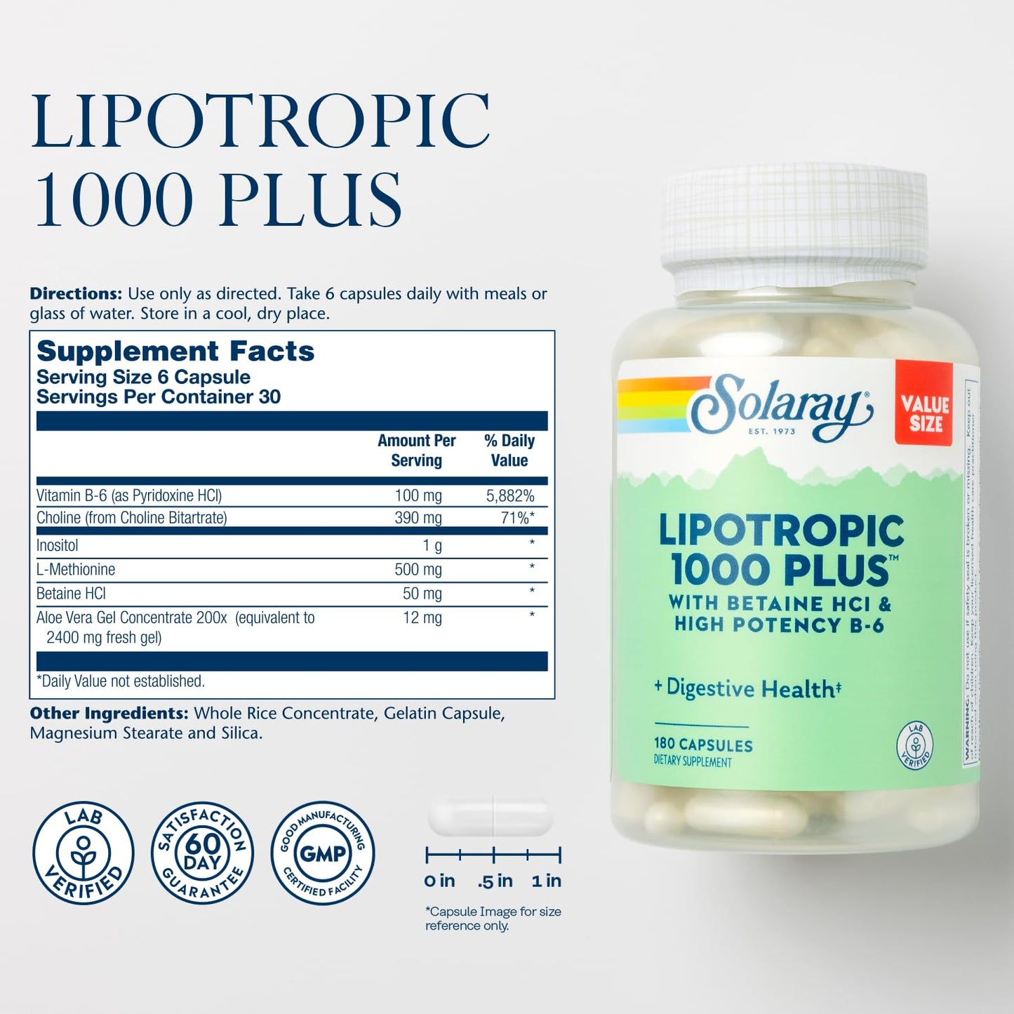 SOLARAY Lipotropic 1000 Plus – Betaine HCl & B-6 for Digestion, Energy & Fat Metabolism | 180 Capsules