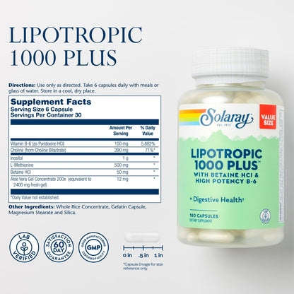 SOLARAY Lipotropic 1000 Plus – Betaine HCl & B-6 for Digestion, Energy & Fat Metabolism | 180 Capsules