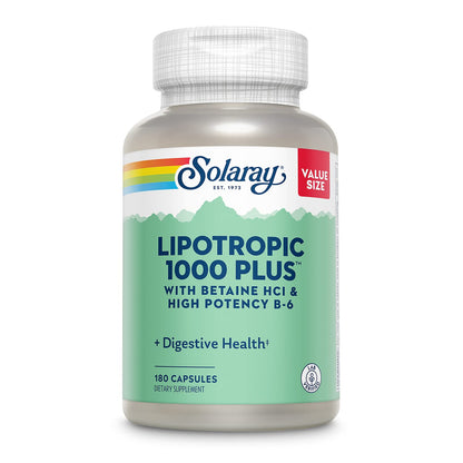 SOLARAY Lipotropic 1000 Plus – Betaine HCl & B-6 for Digestion, Energy & Fat Metabolism | 180 Capsules
