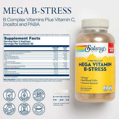 SOLARAY Mega Vitamin B-Stress — Timed Release B-Complex with B12, B6, Folic Acid & Vitamin C | Vegan, 60-Day Guarantee