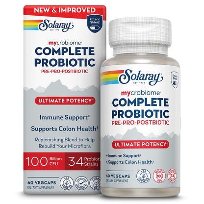 SOLARAY Mycrobiome Complete Probiotic Ultimate Potency – 100B CFU, 34 Strains, 60 VegCaps, Vegan