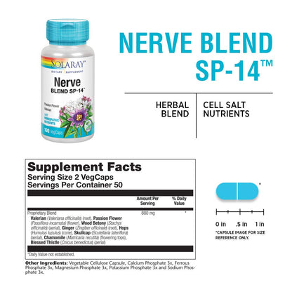 SOLARAY Nerve Blend SP-14 | Homeopathic Nutrients | Calming & Sleep Support | 50 Serv | 100 VegCaps