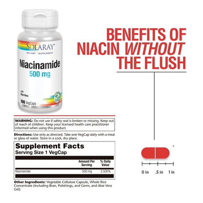 SOLARAY Niacinamide 500 mg | Vitamin B-3 | Energy Metabolism, Circulation, Nerve & Skin Health Support, 100 CT