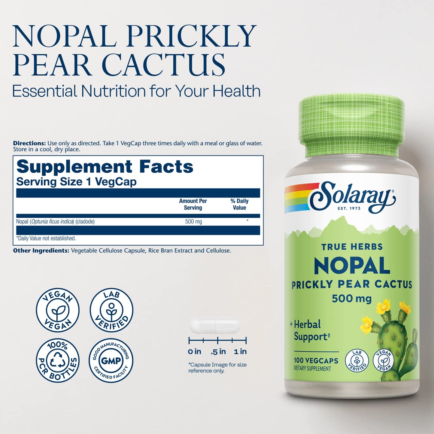 Solaray Nopal Prickly Pear Cactus 500 mg | Vegan Capsule with Fiber & Antioxidants | 100 Servings