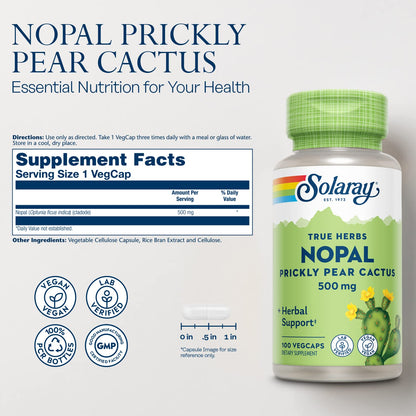 Solaray Nopal Prickly Pear Cactus 500 mg | Vegan Capsule with Fiber & Antioxidants | 100 Servings
