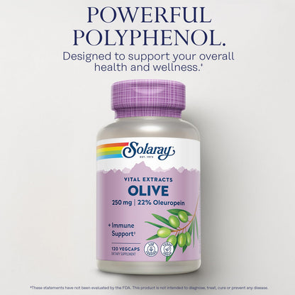 SOLARAY Olive Leaf Extract 250mg Capsules - 22% Oleuropein, Lemon Balm, Vegan, 120 Servings