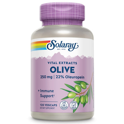 SOLARAY Olive Leaf Extract 250mg Capsules - 22% Oleuropein, Lemon Balm, Vegan, 120 Servings