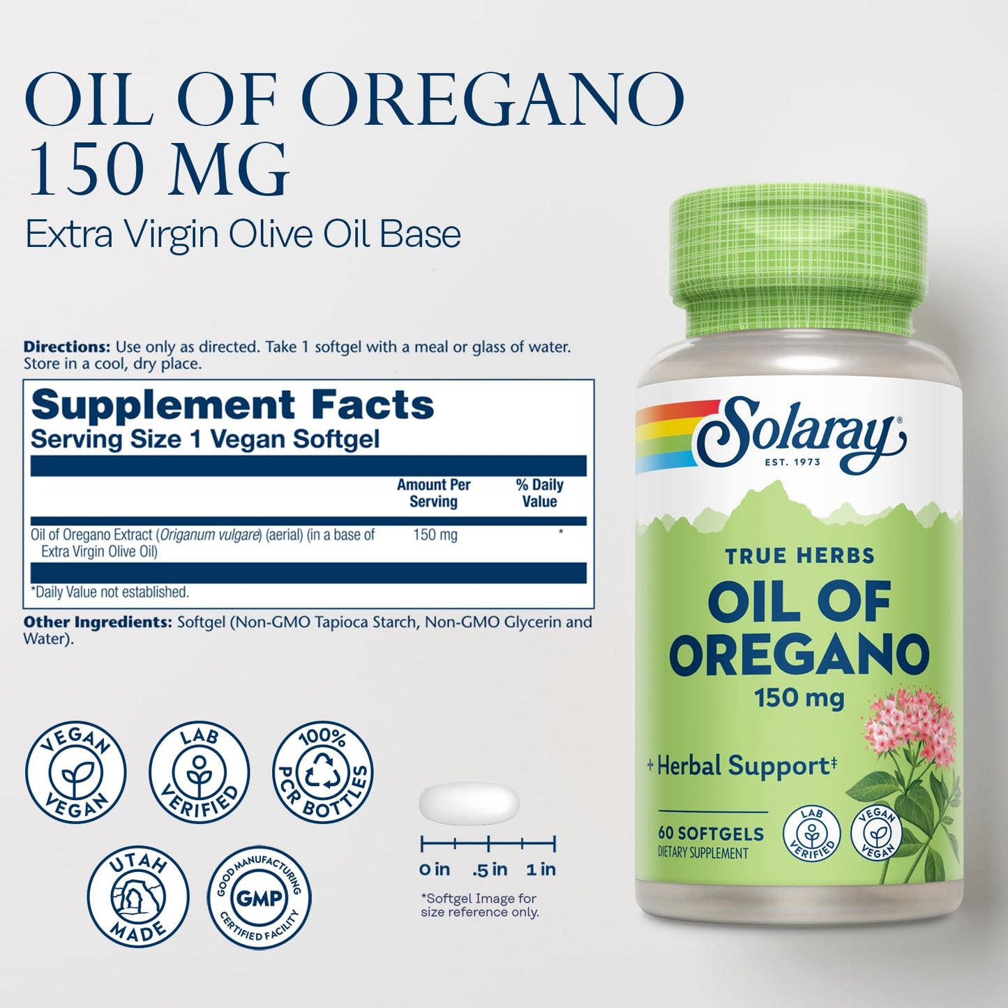 Solaray Oil of Oregano Softgels 150 mg | Oregano Oil Supplement for Wellness – Vegan, Extra Virgin Olive Oil Base