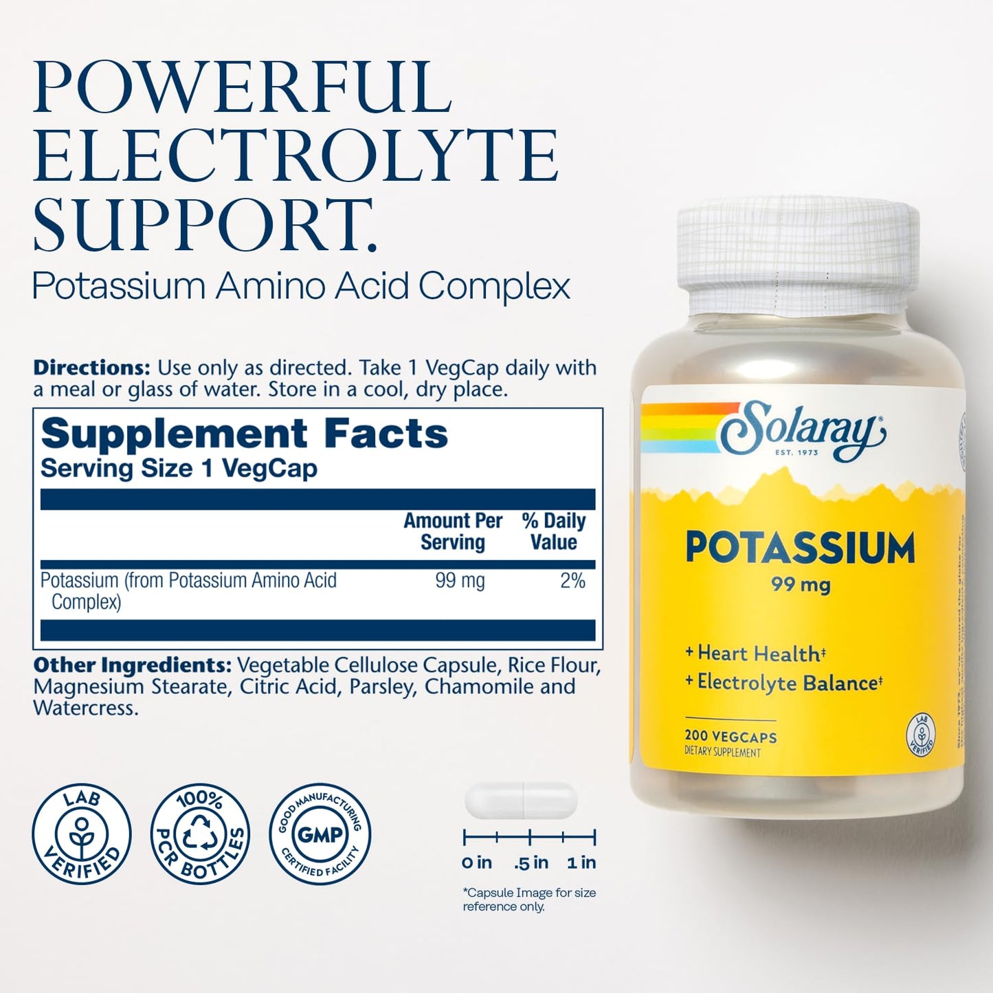 Solaray Potassium 99 mg – Electrolyte Balance for Heart Health | Lab Verified, 200 VegCaps