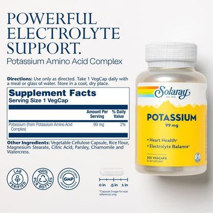 Solaray Potassium 99 mg – Electrolyte Balance for Heart Health | Lab Verified, 200 VegCaps