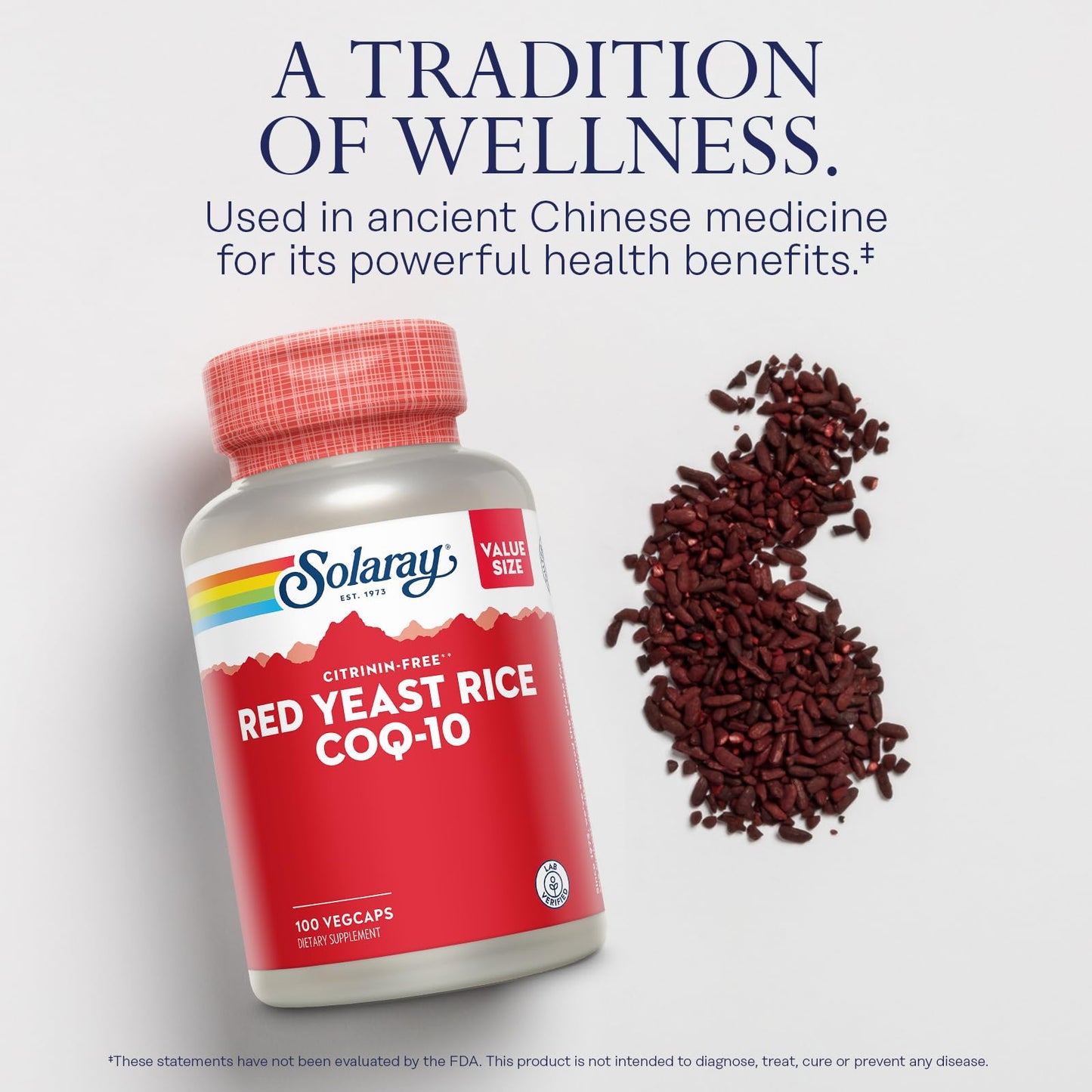 Solaray Red Yeast Rice Plus CoQ-10 & No-Flush Niacin - 100 VegCaps, 600mg RYR, 30mg CoQ10, 50mg Niacin, 60-Day Guarantee