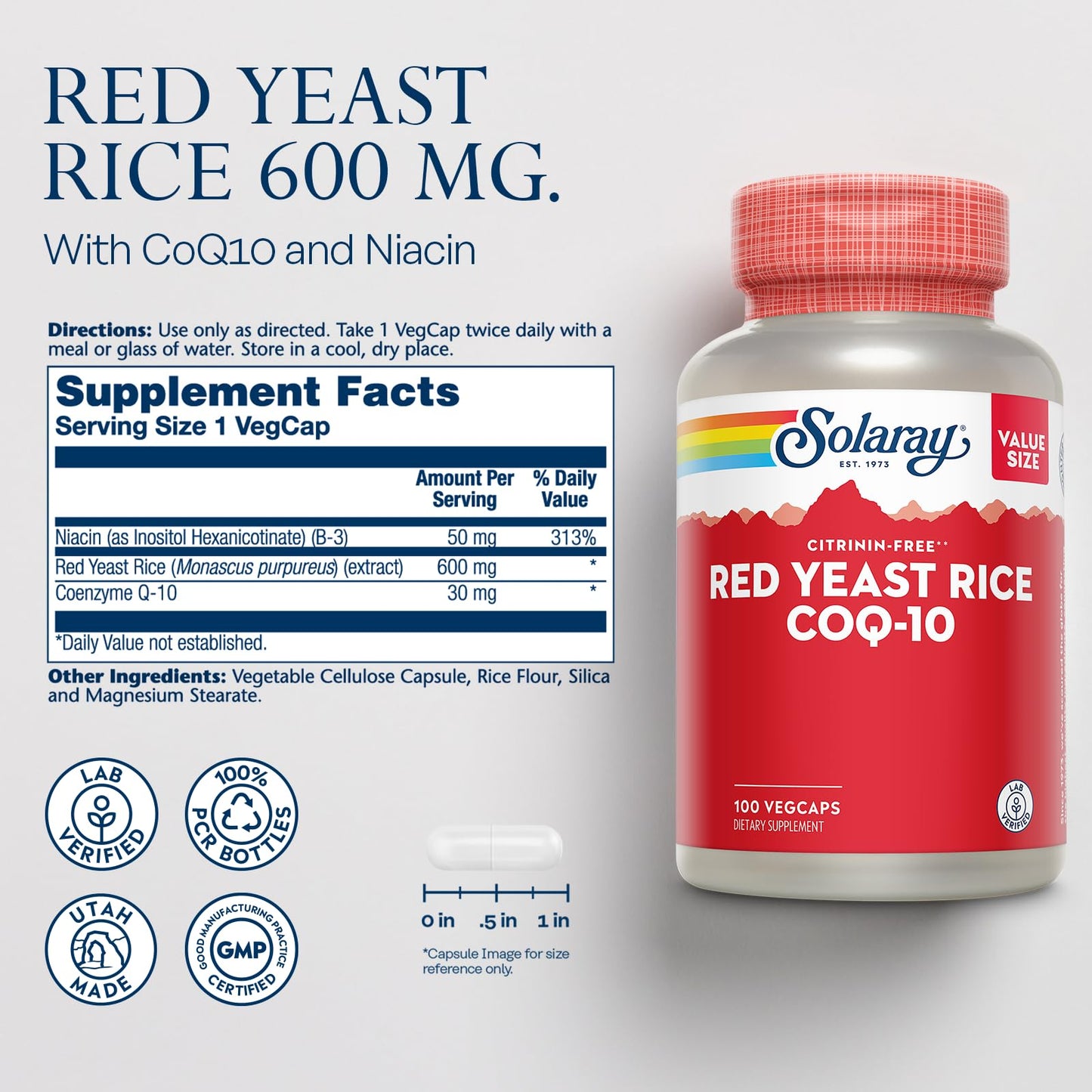 Solaray Red Yeast Rice Plus CoQ-10 & No-Flush Niacin - 100 VegCaps, 600mg RYR, 30mg CoQ10, 50mg Niacin, 60-Day Guarantee