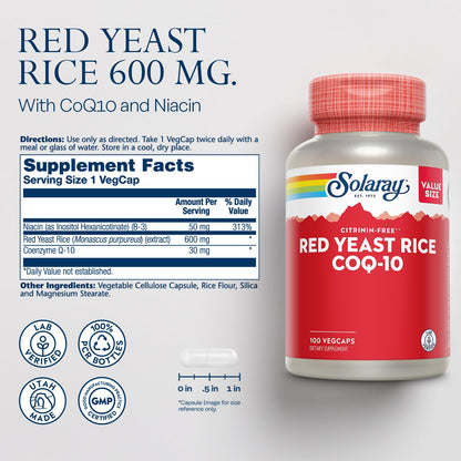 Solaray Red Yeast Rice Plus CoQ-10 & No-Flush Niacin - 100 VegCaps, 600mg RYR, 30mg CoQ10, 50mg Niacin, 60-Day Guarantee