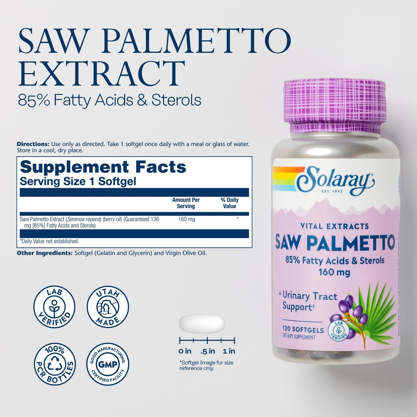 SOLARAY Saw Palmetto Extract - Prostate & Urinary Support, 160 mg per Softgel, 120 Softgels