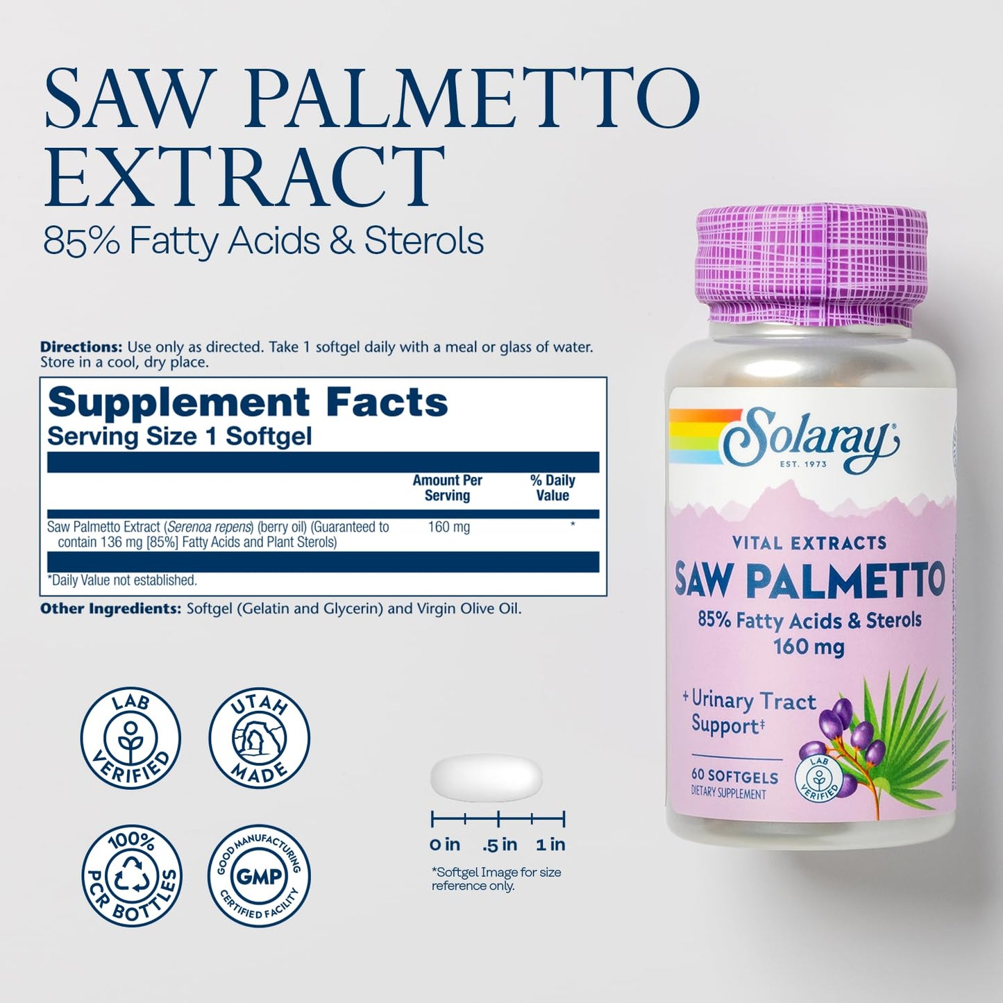 SOLARAY Saw Palmetto Extract – Prostate & Urinary Support, 136 mg Fatty Acids & Sterols, Lab Verified, Pack of 2 (60 Servings)