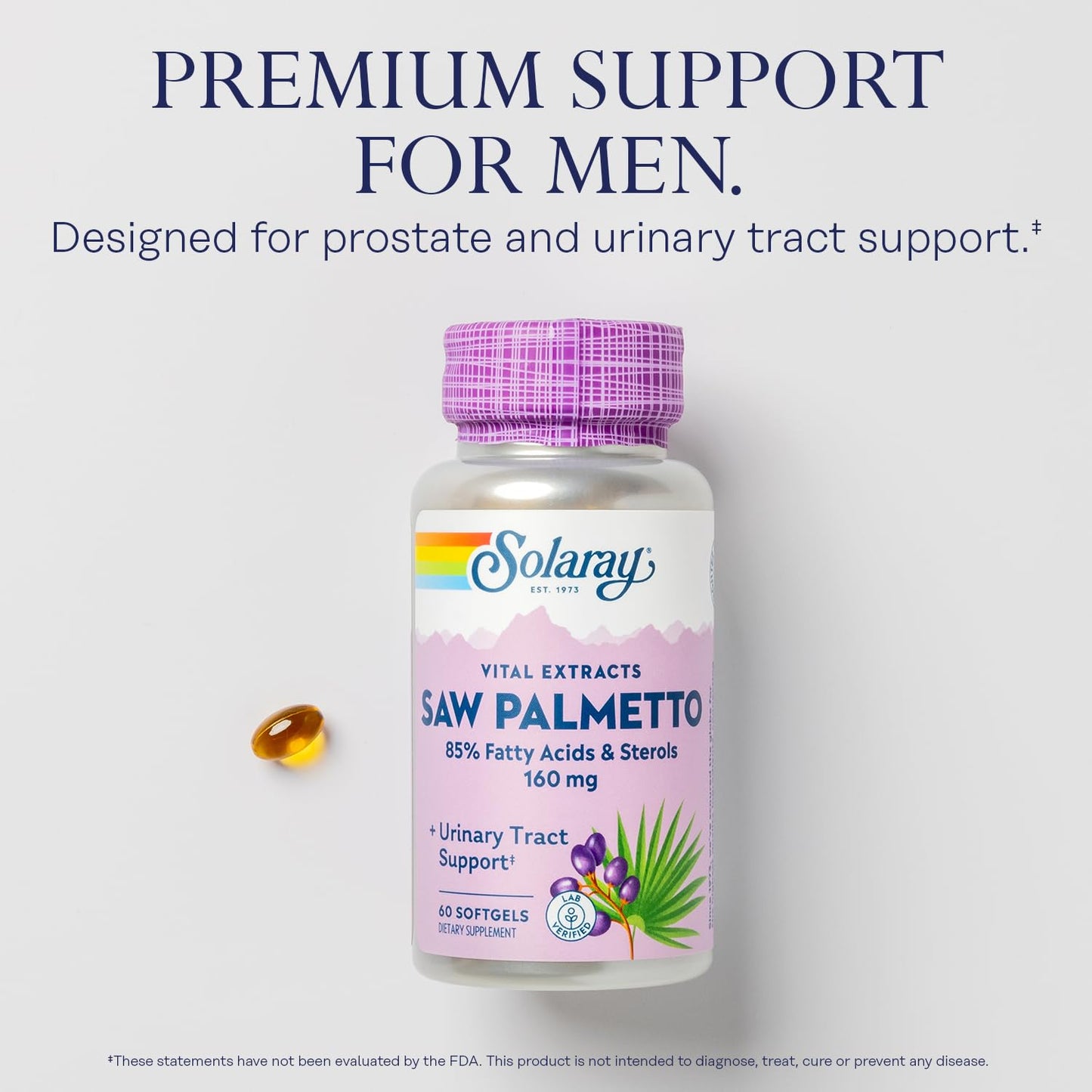 SOLARAY Saw Palmetto Extract – Prostate & Urinary Support, 136 mg Fatty Acids & Sterols, Lab Verified, Pack of 2 (60 Servings)