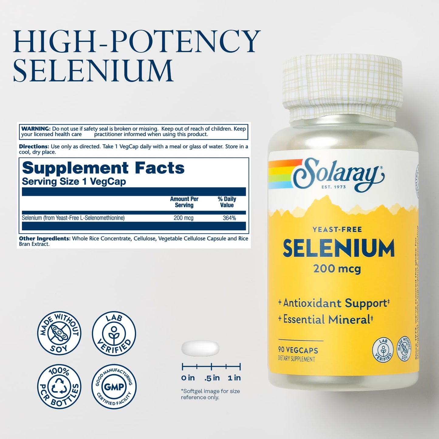 Solaray Selenium 200mcg Yeast-Free – Thyroid & Immune Support, 90 VegCaps