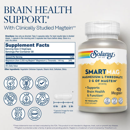 SOLARAY SmartMag Magtein Magnesium L-Threonate 2g – Brain Health Support, 30 Servings – Vegan