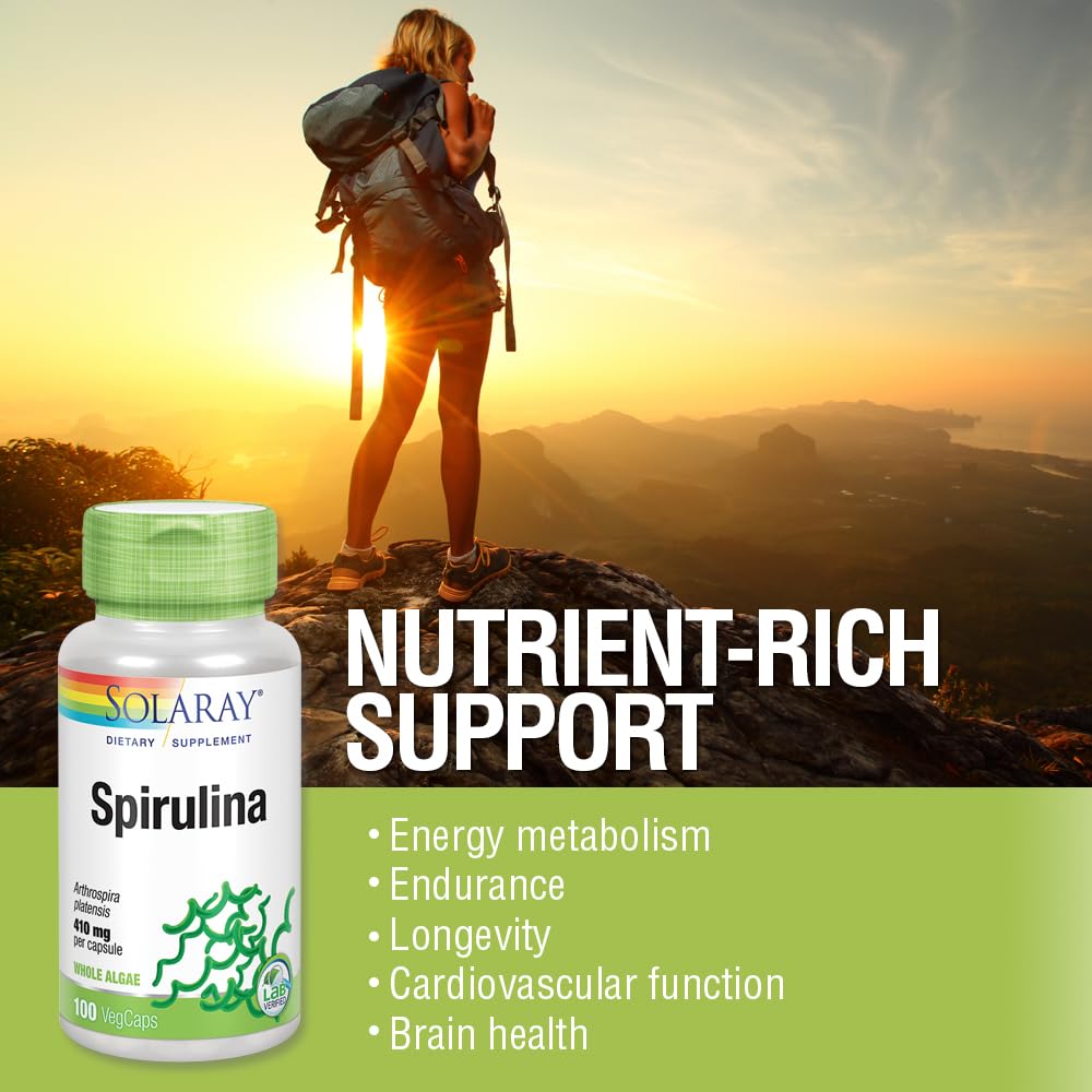 SOLARAY Spirulina 410mg – Algae Superfood for Energy, Vitality & Overall Health | 100ct, 100 Serv.