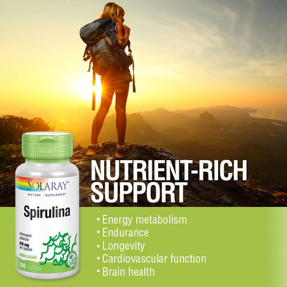 SOLARAY Spirulina 410mg – Algae Superfood for Energy, Vitality & Overall Health | 100ct, 100 Serv.